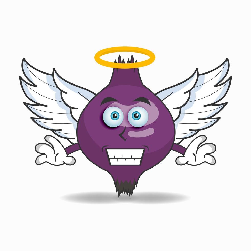 paarse ui mascotte karakter gekleed als een engel. vector illustratie