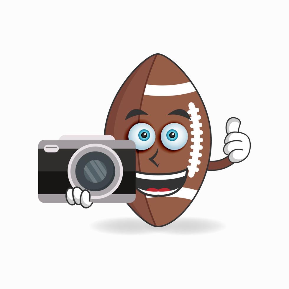 Amerikaans voetbal mascotte karakter met camera. vector illustratie