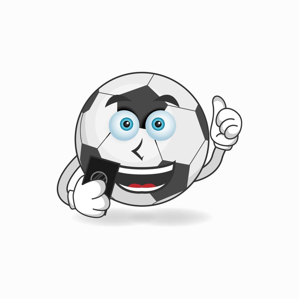 voetbal mascotte karakter met een mobiele telefoon. vector illustratie