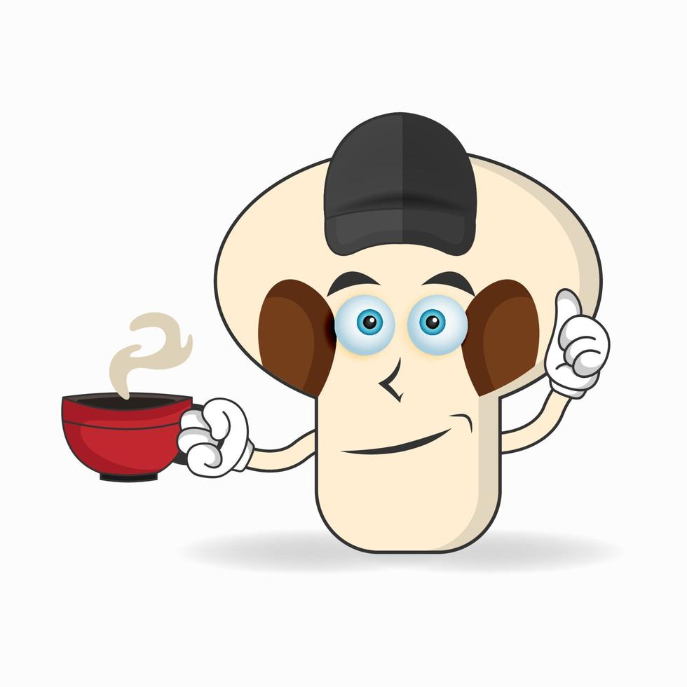 paddestoelen mascotte karakter met een warme kop koffie. vector illustratie