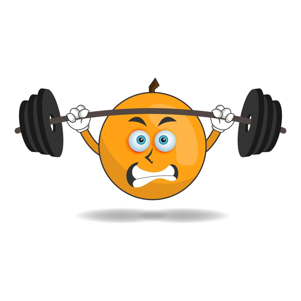oranje mascotte karakter met fitnessapparatuur. vector illustratie