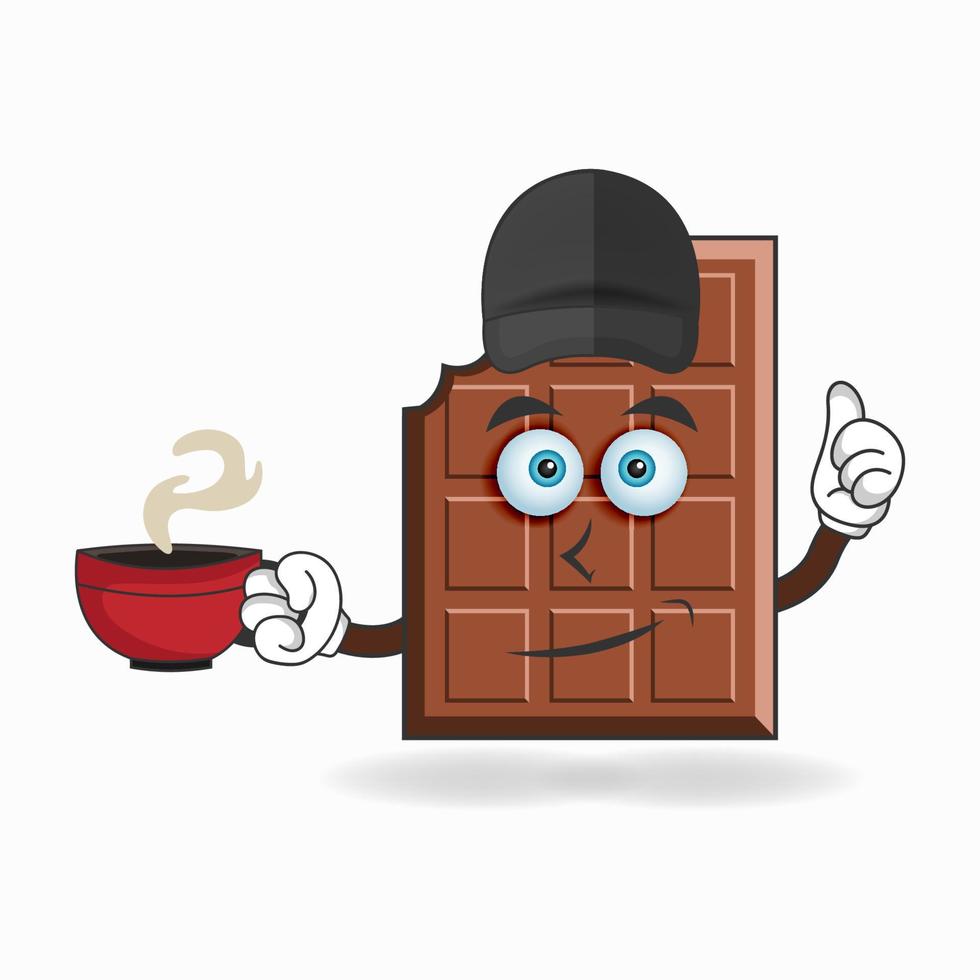 chocolade mascotte karakter met een warme kop koffie. vector illustratie