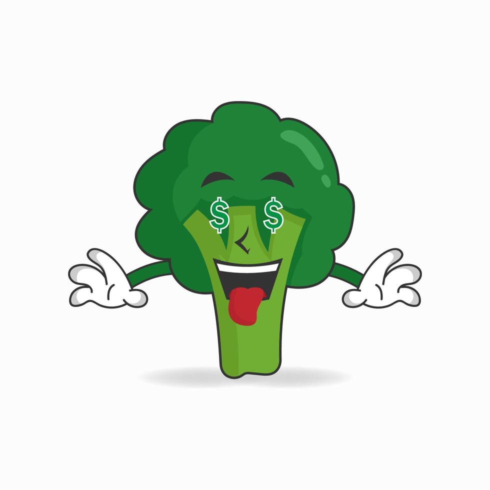 broccoli mascotte karakter met geld verdienende uitdrukking. vector illustratie