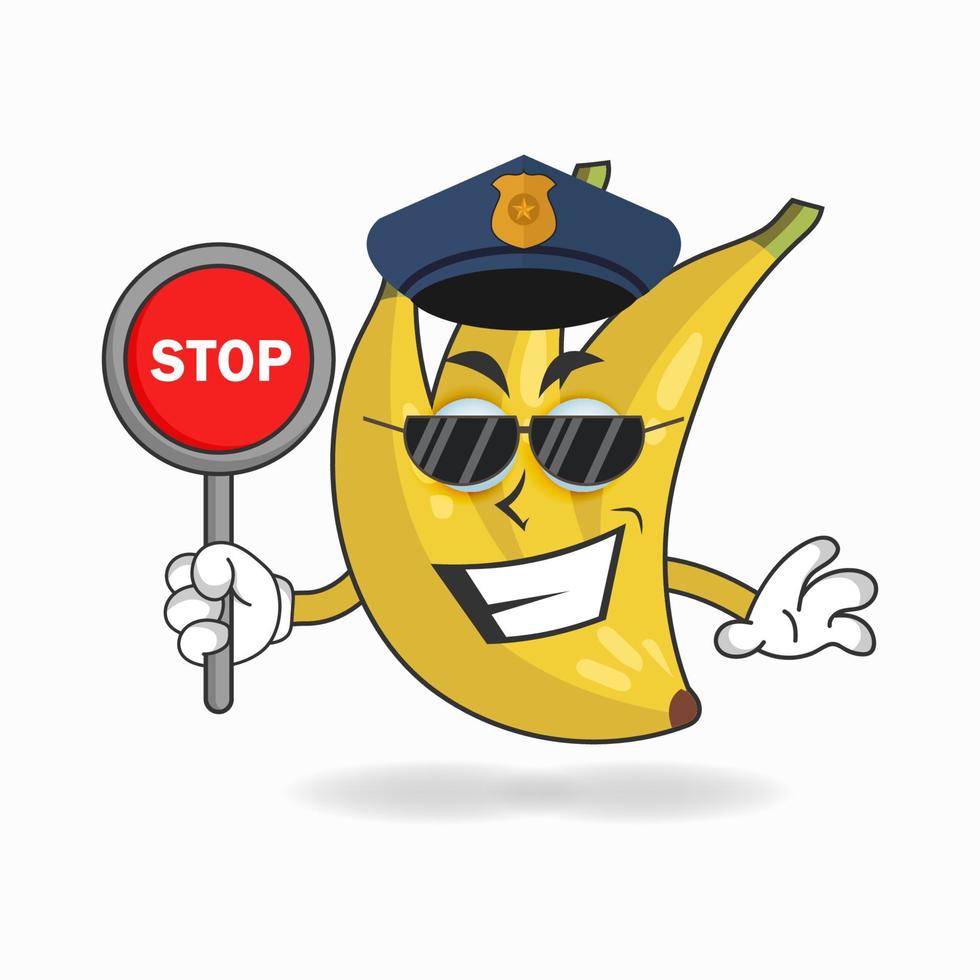 het karakter van de banaanmascotte wordt een politieagent. vector illustratie