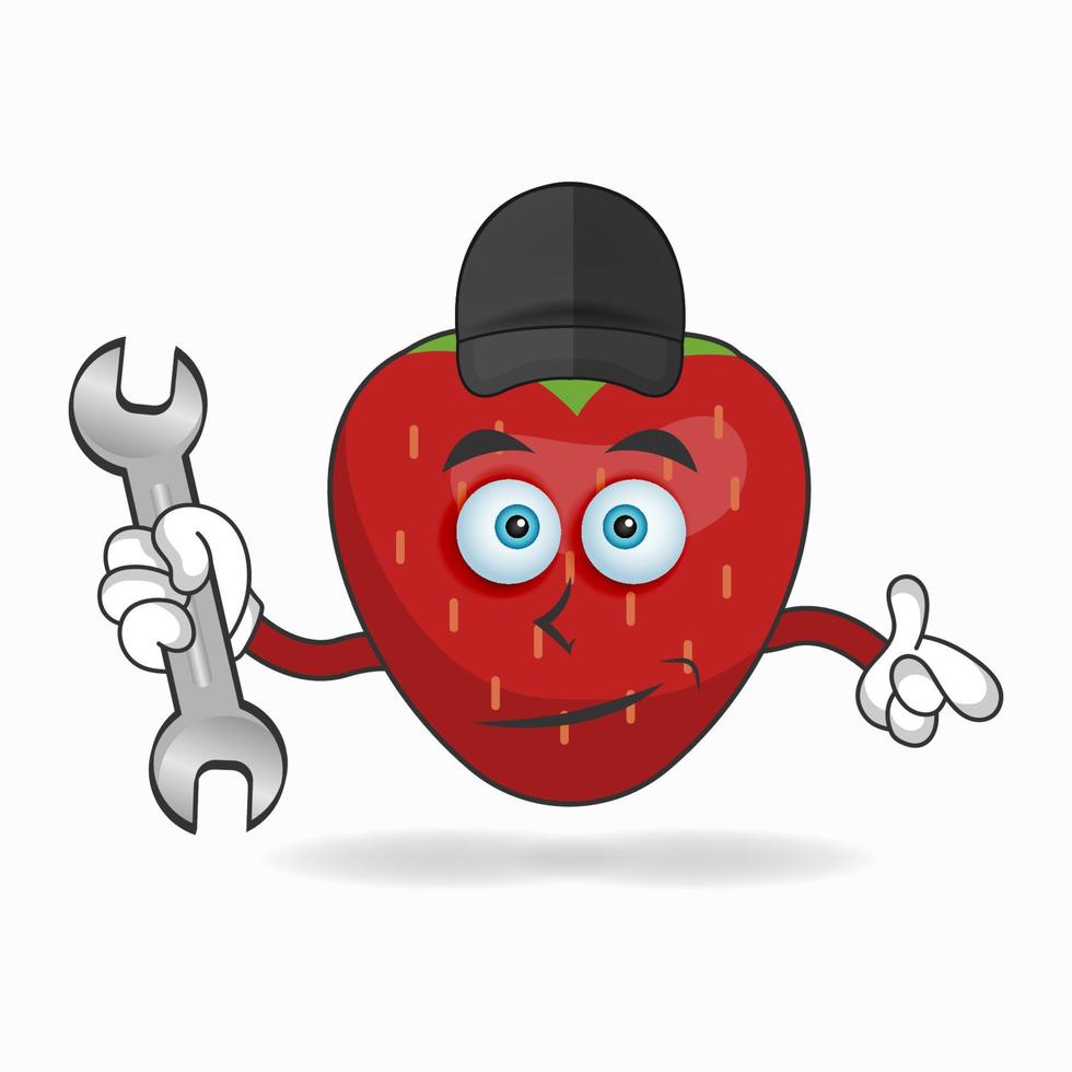 het karakter van de aardbei-mascotte wordt een monteur. vector illustratie