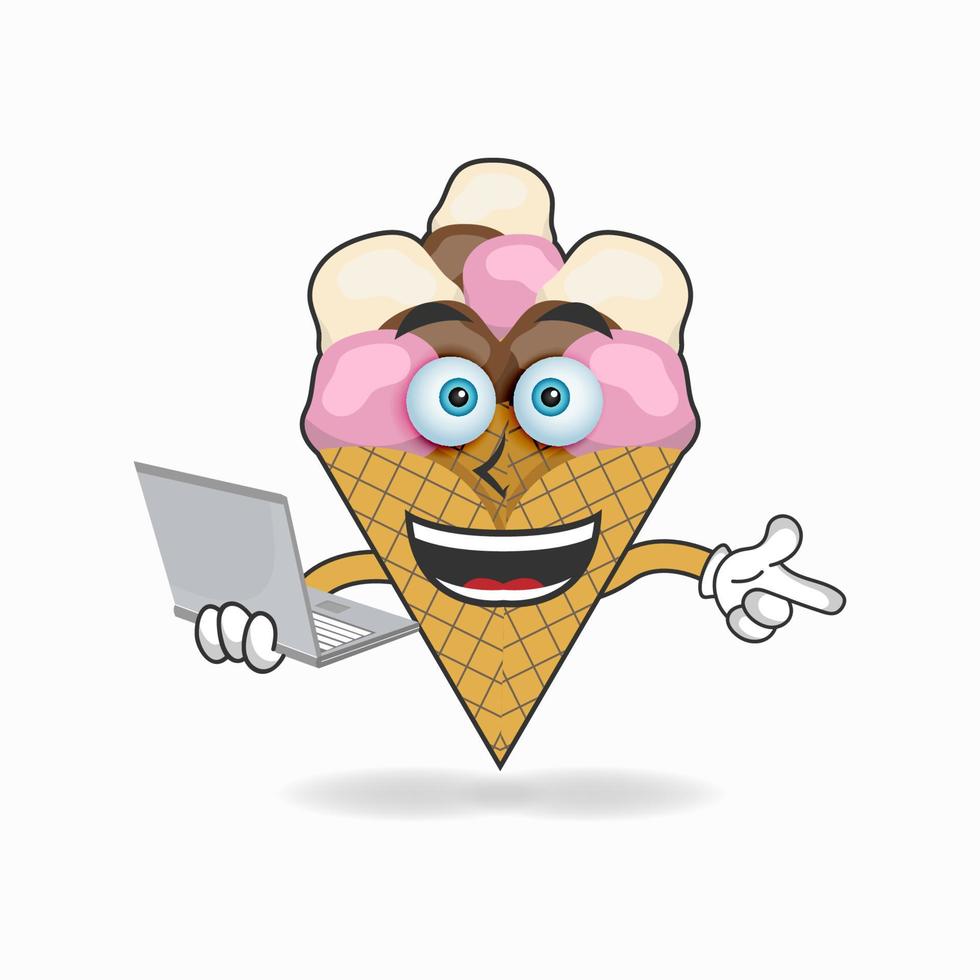 ijs mascotte karakter met laptop in de rechterhand. vector illustratie
