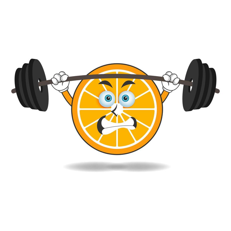 oranje mascotte karakter met fitnessapparatuur. vector illustratie