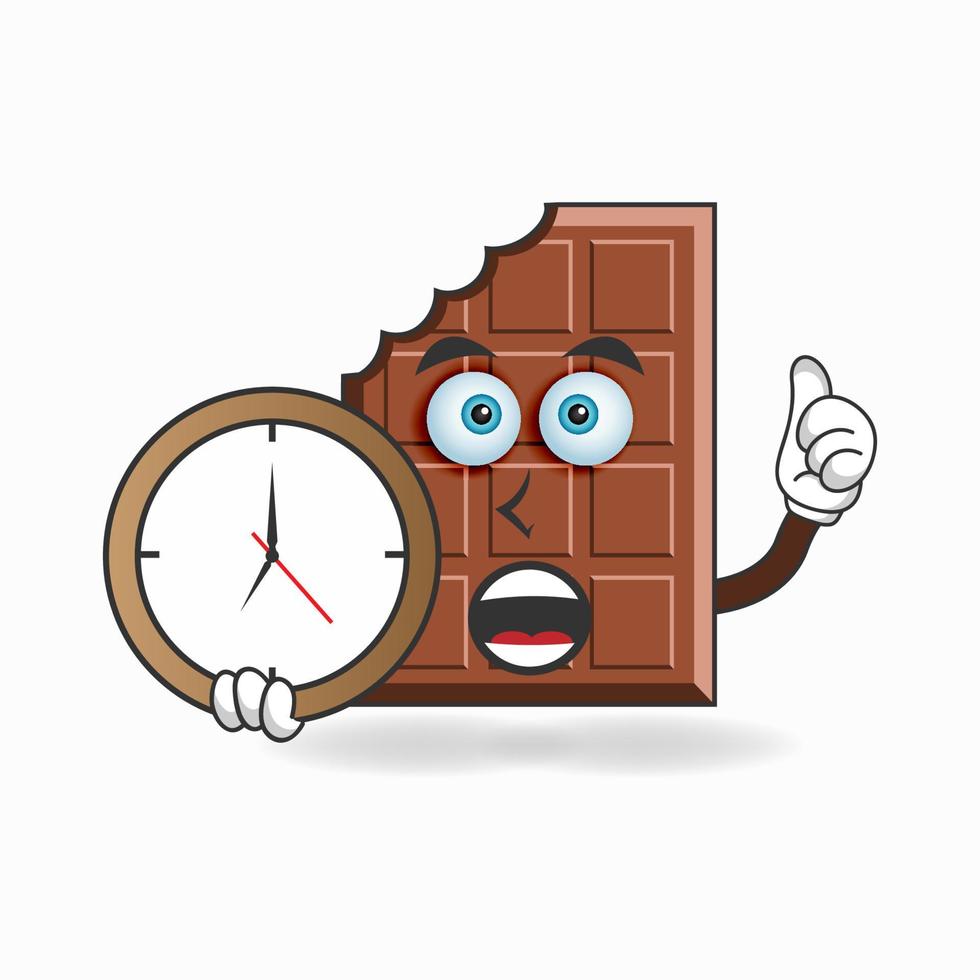 chocolade mascotte karakter met een wandklok. vector illustratie