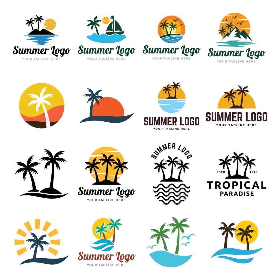 zomer strand eiland met palm bomen in de oceaan. vector embleem van reis, vakantie, toevlucht. vector logo verzameling.