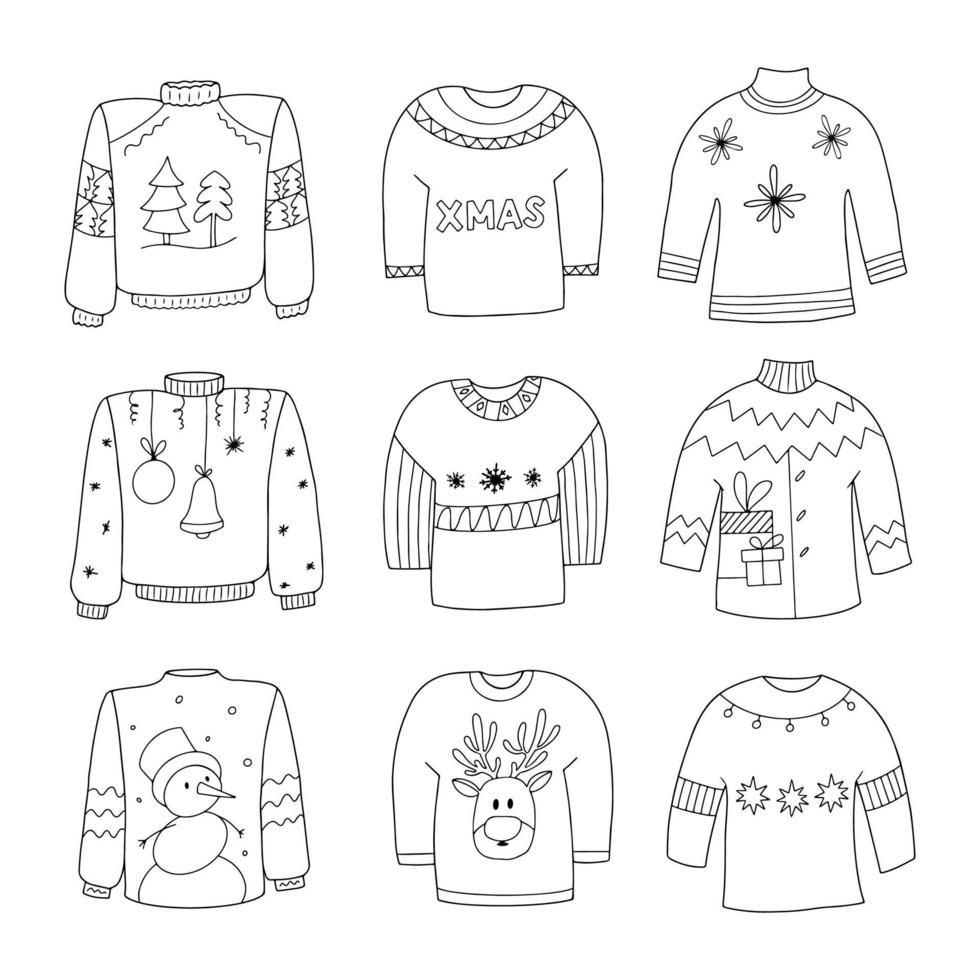 handgetekende lelijke trui set. collectie lineaire zwart-witte wintertruien voor de vakantie. vector doodle illustratie