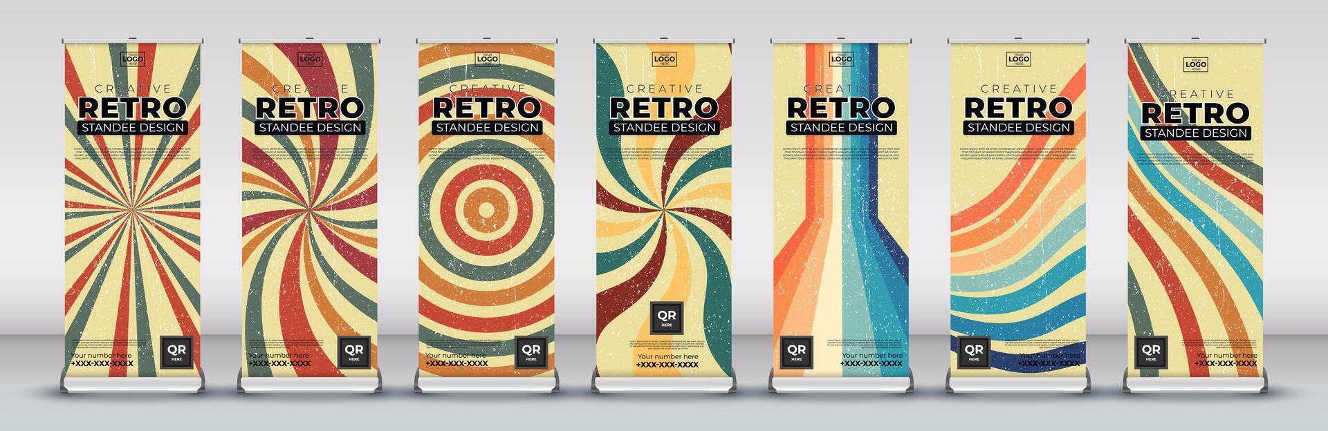 retro wijnoogst rollen omhoog banier ontwerp voor bedrijf evenementen, jaar- vergaderingen, presentaties, marketing, promoties, oud school- evenementen en wijnoogst banier sjabloon verzameling vector