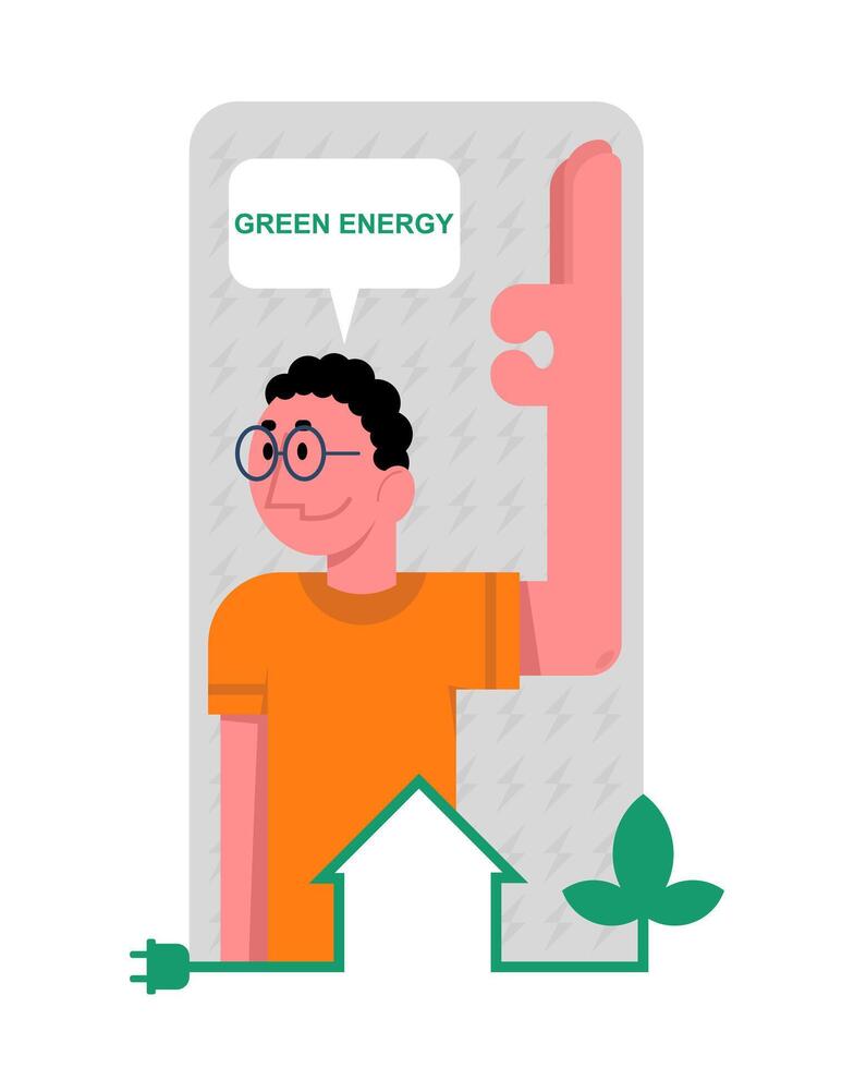 mannetje gelukkig over groen concept voor huis. energie consumptie in huishouden concept vector