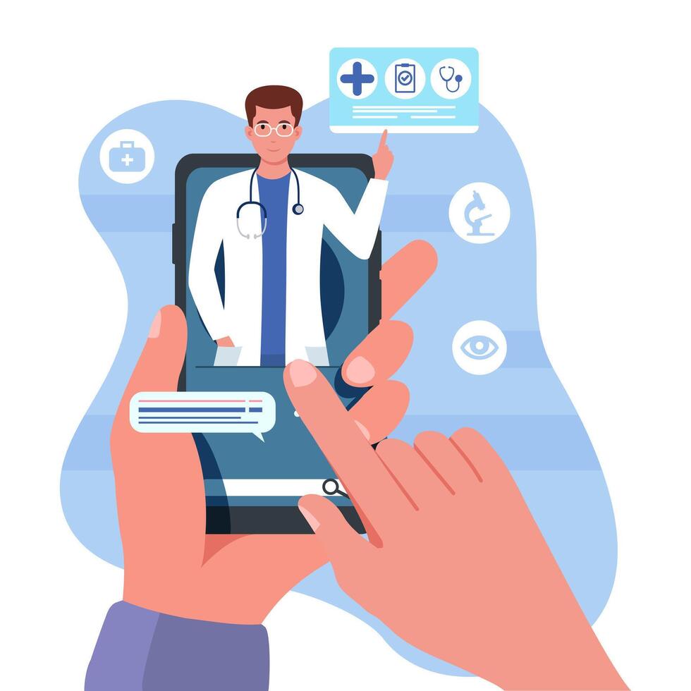 hand- selecteren specialist en overeenkomend via mobiel app naar bespreken behandeling vector
