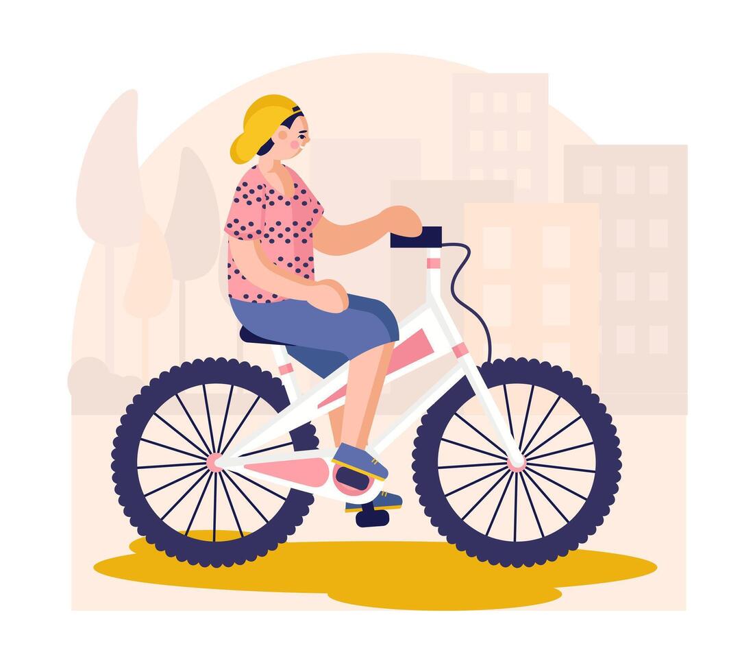 vrouw gebruik makend van elektrisch fiets. sportief levensstijl. eco vervoer met elektrisch motoren vector