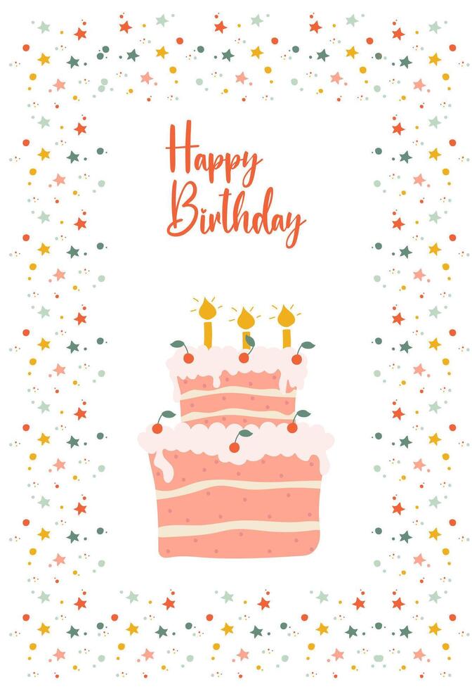 gelukkig verjaardag verticaal kader sjabloon met confetti en schattig taart met kaarsen. vector illustratie in gemakkelijk hand- getrokken modern stijl.
