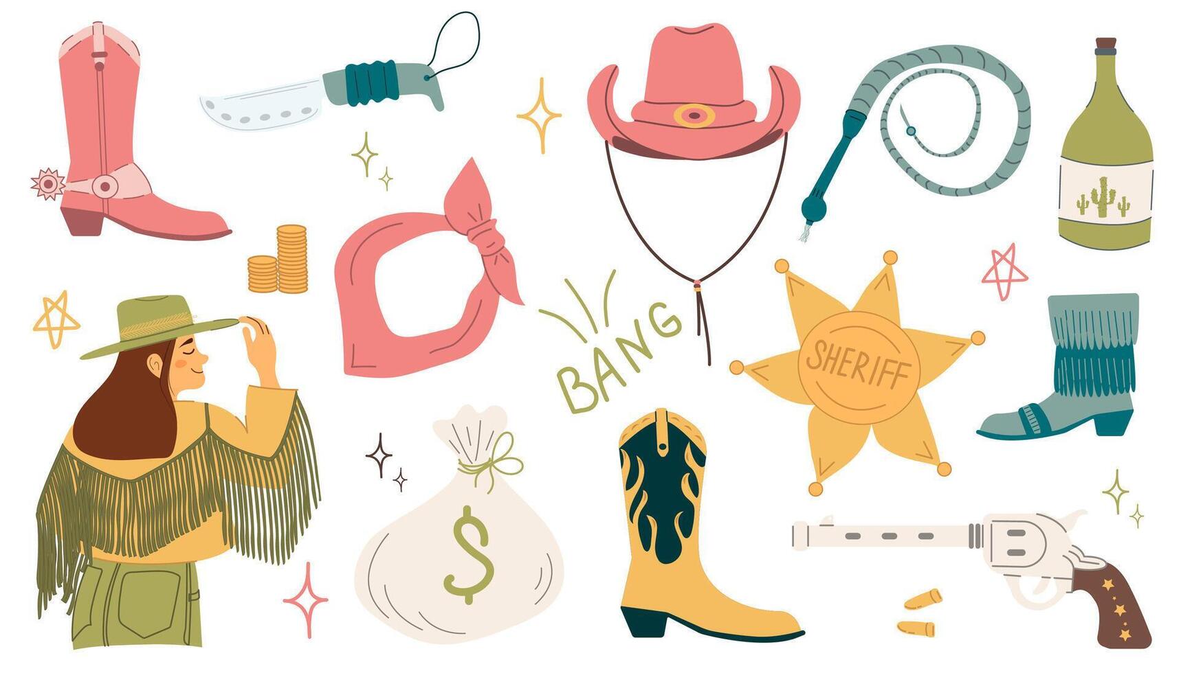 wild west set. vlak ontwerp reeks met cowboy hoed, laarzen, lasso, cowboy meisje, cactus, koe schedel, hoefijzer, vector