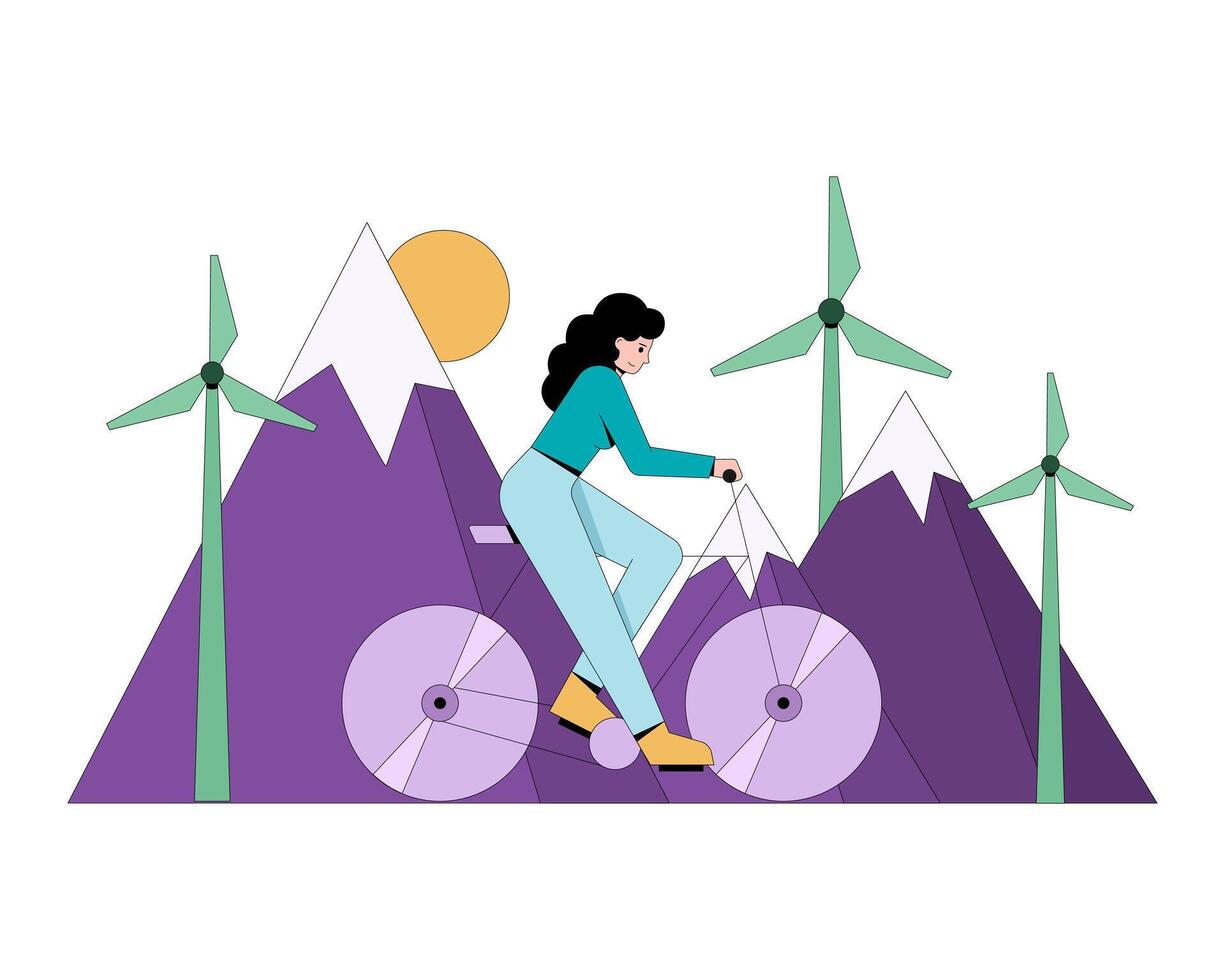 jong vrouw rijden fiets in de buurt windmolens, gebruik makend van eco vervoer. eco technologie in dagelijks leven vector