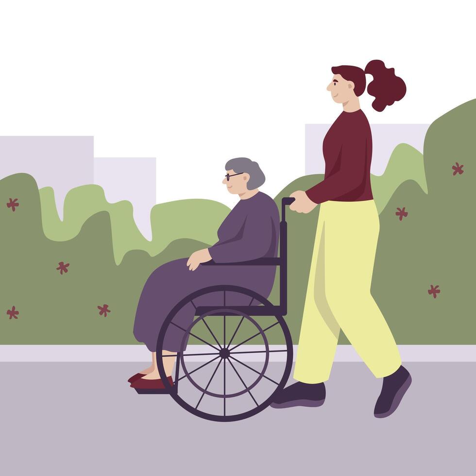 ziekenhuis arbeider dragen senior vrouw Aan rolstoel. activiteiten buitenshuis concept vector
