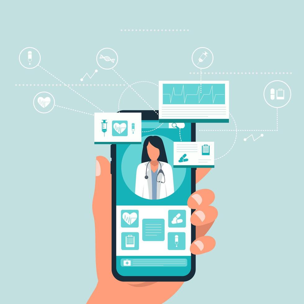 menselijk Holding smartphone en selecteren medisch steun. online medisch advies vector