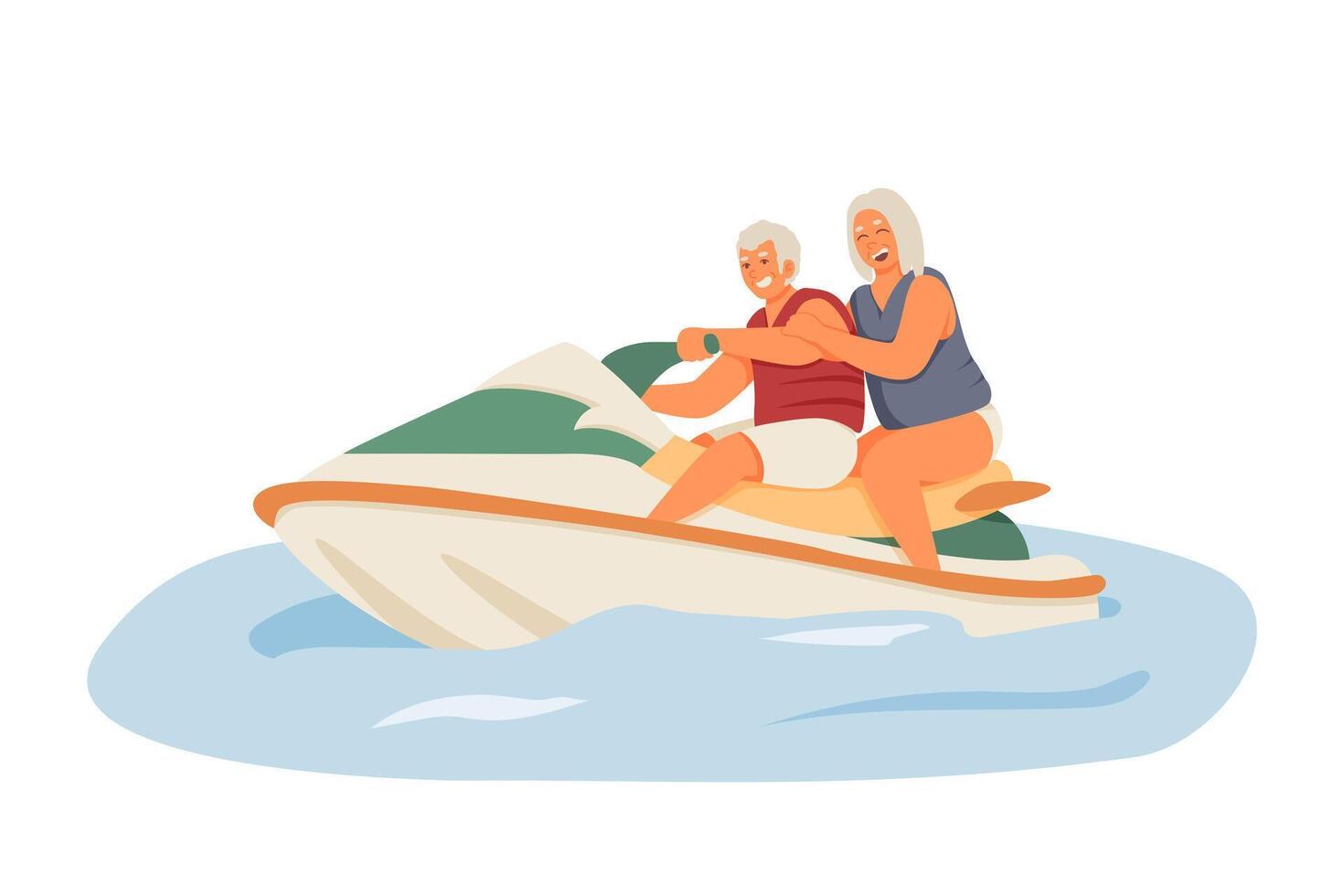 vrolijk oud Mens en vrouw metgezel rijden Aan water scooter vector
