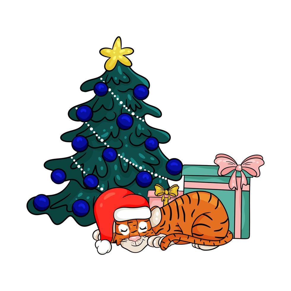 vrolijk kerstfeest en nieuwjaarswenskaart. tijger in rode kerstmuts slaapt onder kerstboom met geschenken. vector illustratie cartoon stijl