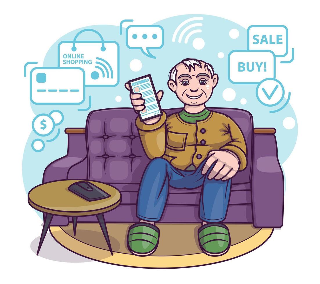 volwassen mannetje gebruik makend van smartphone, buying online. online klant bestellen goederen vector
