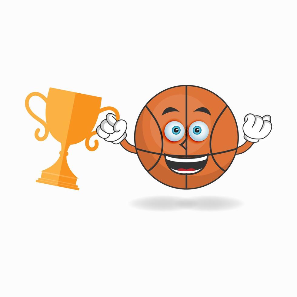 basketbal mascotte karakter met een trofee in de rechterhand. vector illustratie