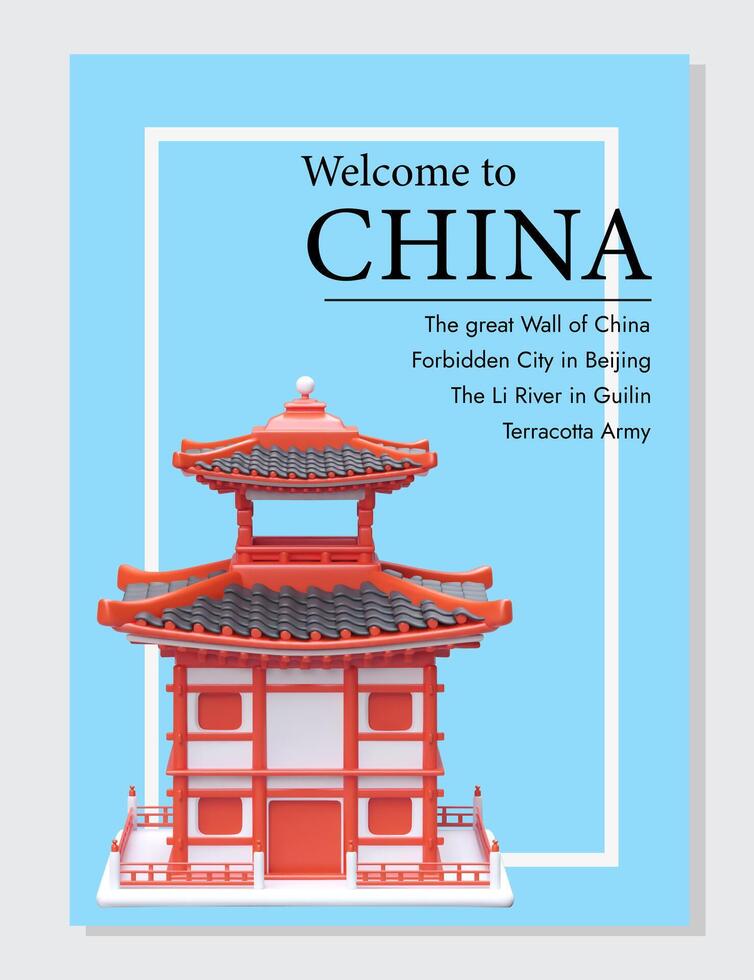 Welkom naar China. kleur poster Aan blauw achtergrond met 3d rood pagode vector