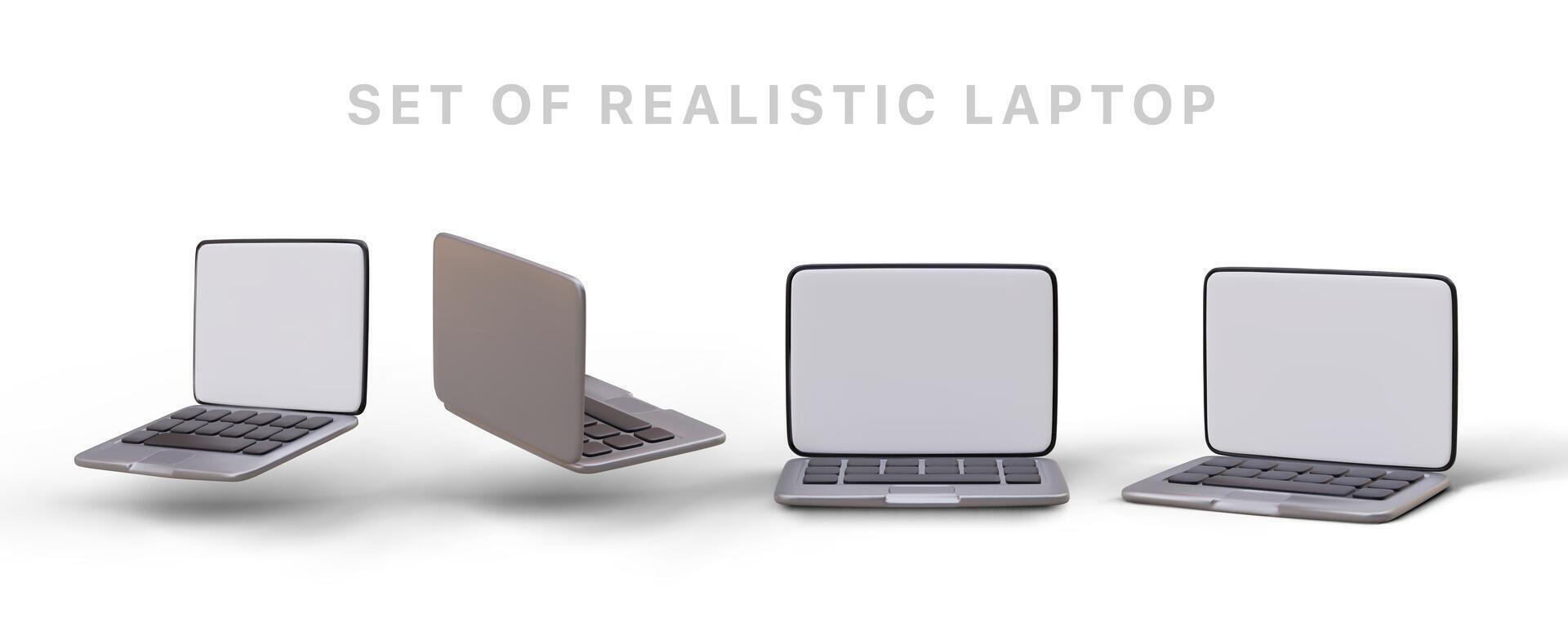 3d laptop van verschillend hoeken. reeks van realistisch miniboek afbeeldingen vector