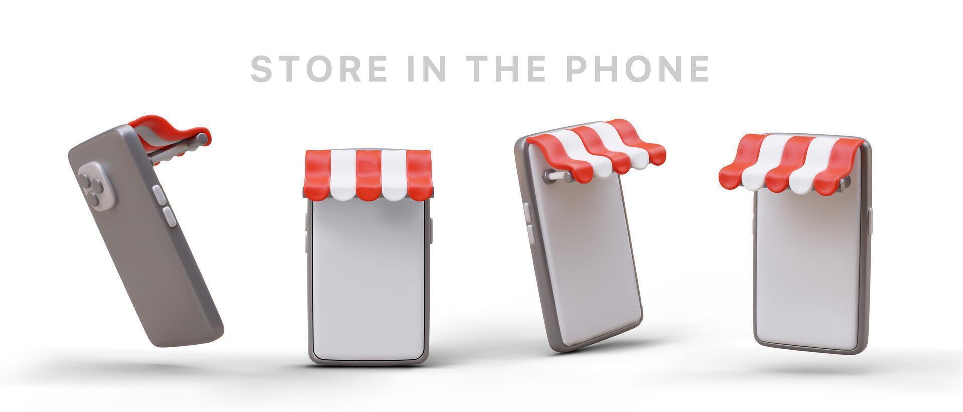 3d pictogrammen voor online winkelen. reeks van smartphones met rood en wit luifel vector