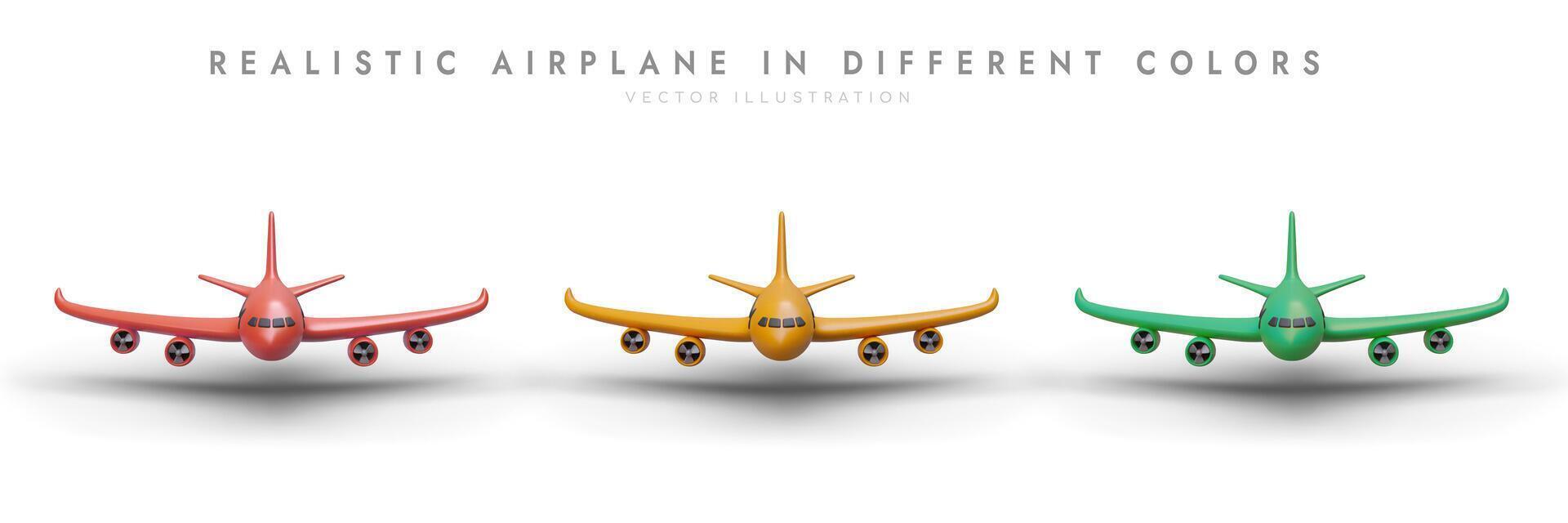 reeks van 3d vliegtuigen van verschillend kleuren, voorkant visie. realistisch beeld met schaduw vector