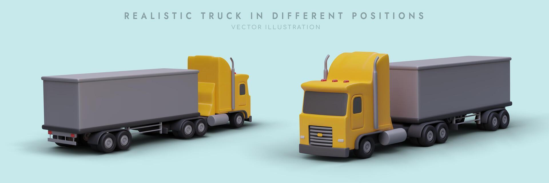 realistisch vrachtwagens in verschillend posities. voorkant en terug visie vector