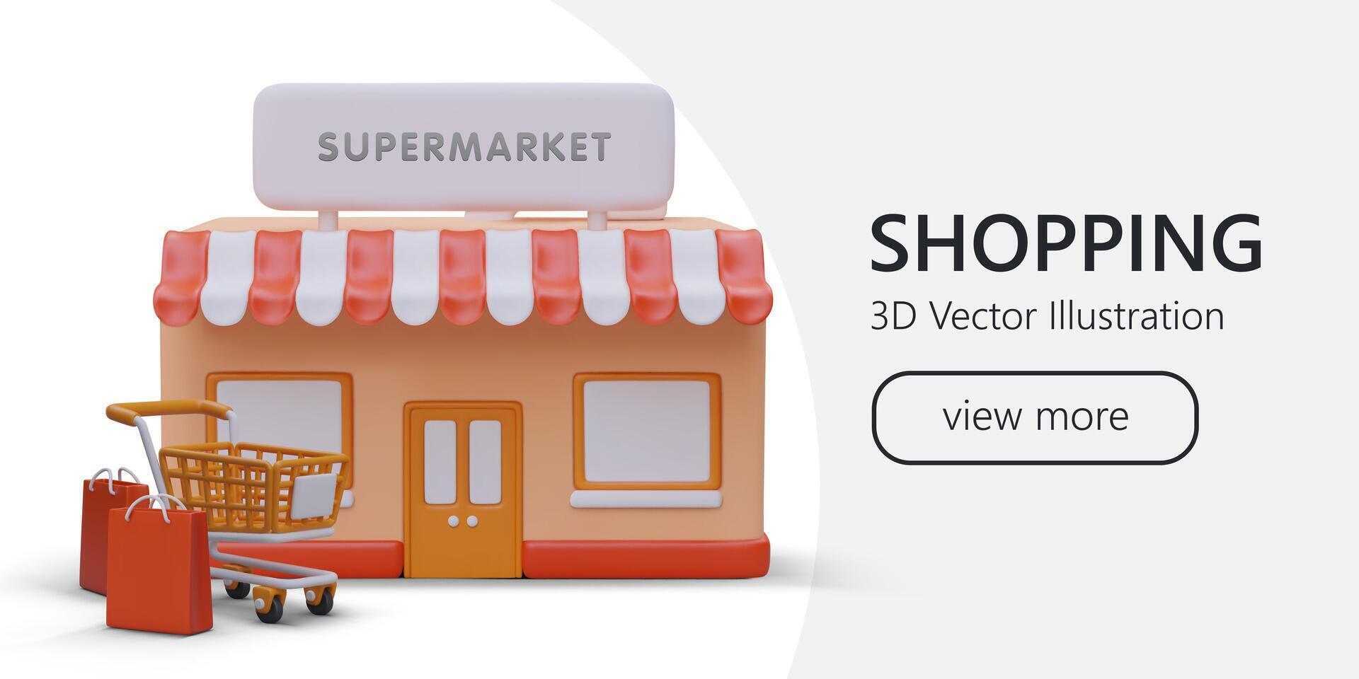 web bladzijde met realistisch tekenfilm supermarkt met oranje kar en boodschappen doen Tassen vector