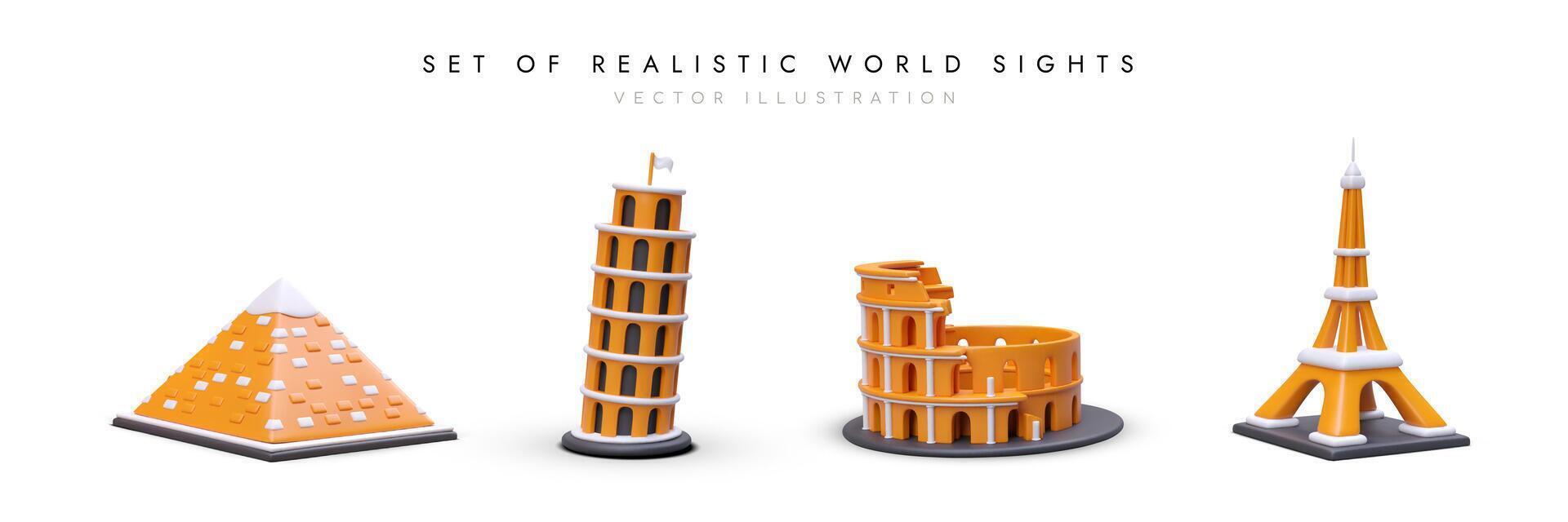 reeks van realistisch bouwkundig monumenten van wereld. verzameling van 3d pictogrammen met schaduwen vector