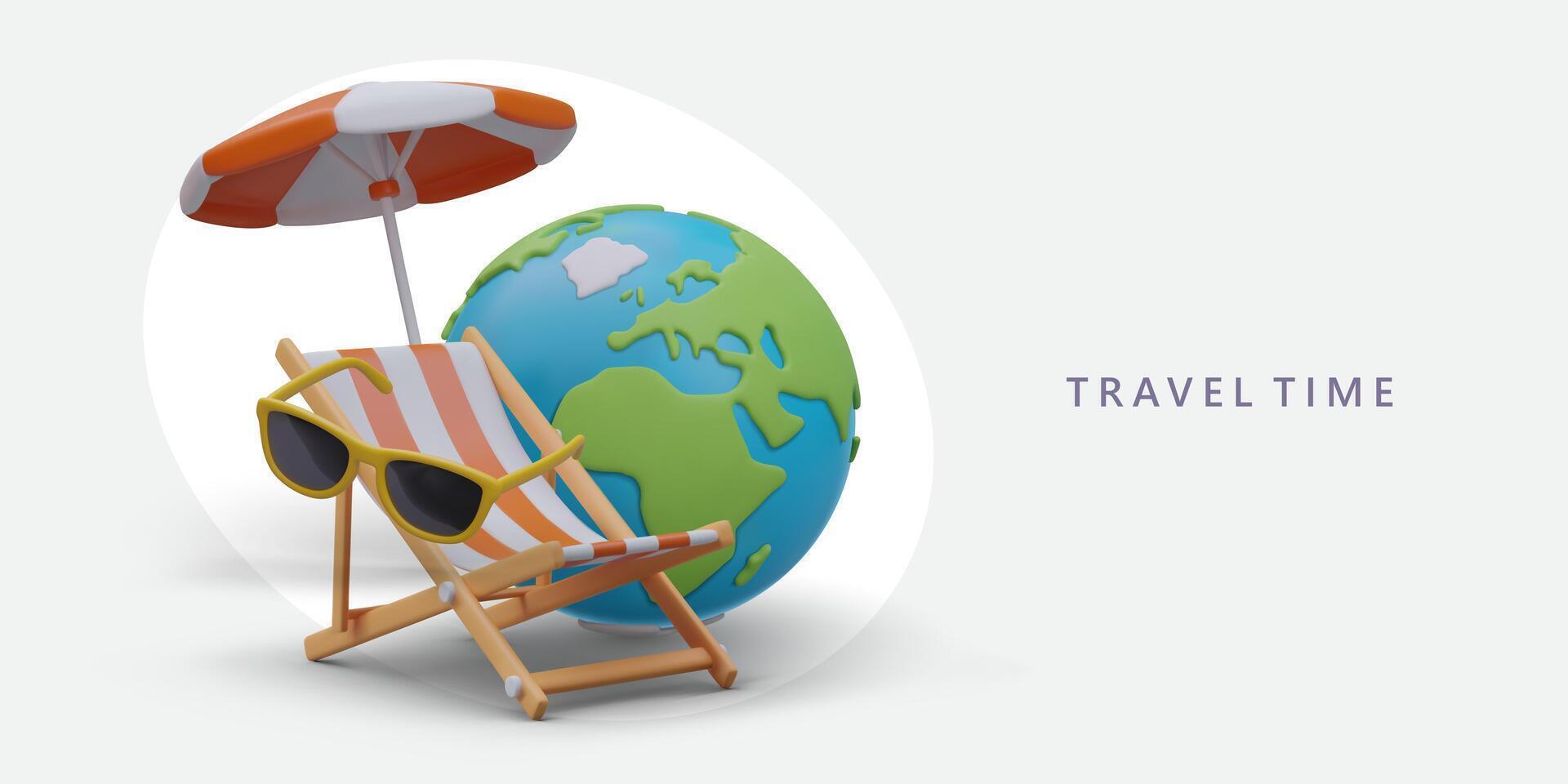 reusachtig 3d wereldbol, strand paraplu, zonnebril, dek stoel. reizen advertentie sjabloon in tekenfilm stijl vector
