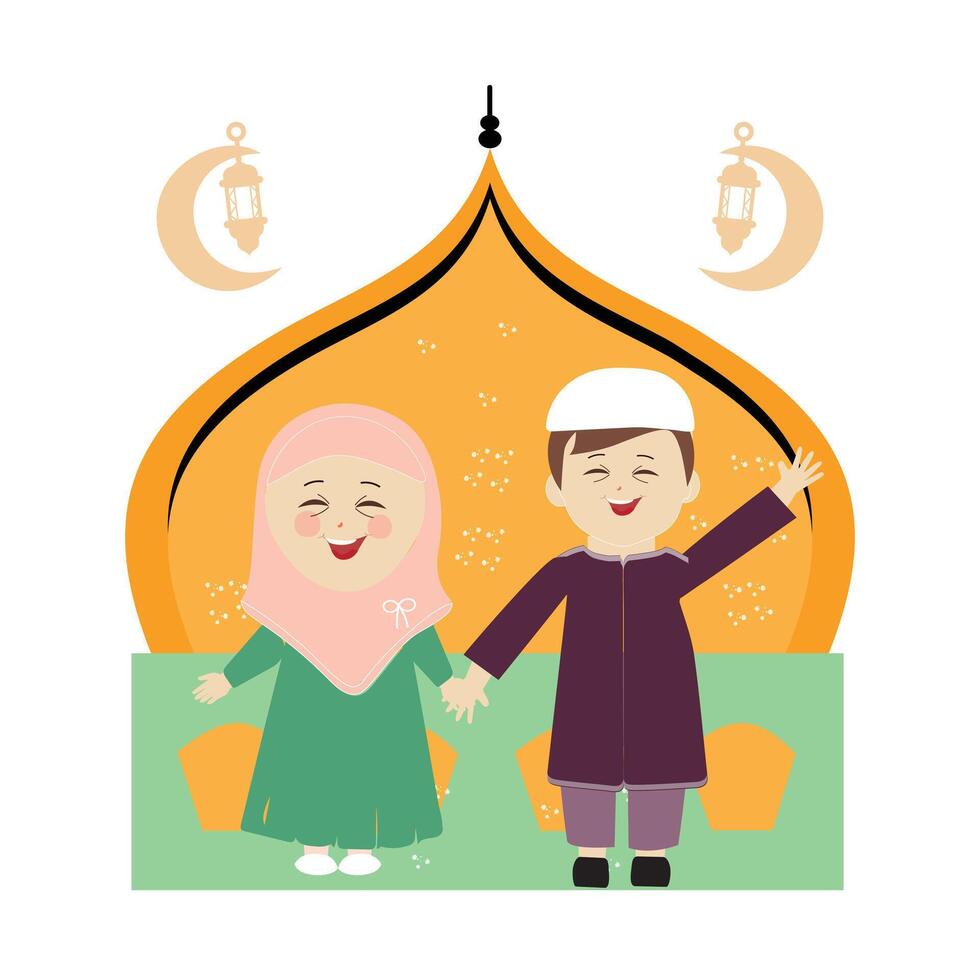 gelukkig Ramadan kareem met kinderen karakter illustratie. Moslim jongen en meisje Ramadan groet kaart. vector