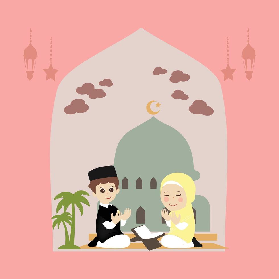 gelukkig Ramadan kareem met kinderen karakter illustratie. Moslim jongen en meisje Ramadan groet kaart. vector
