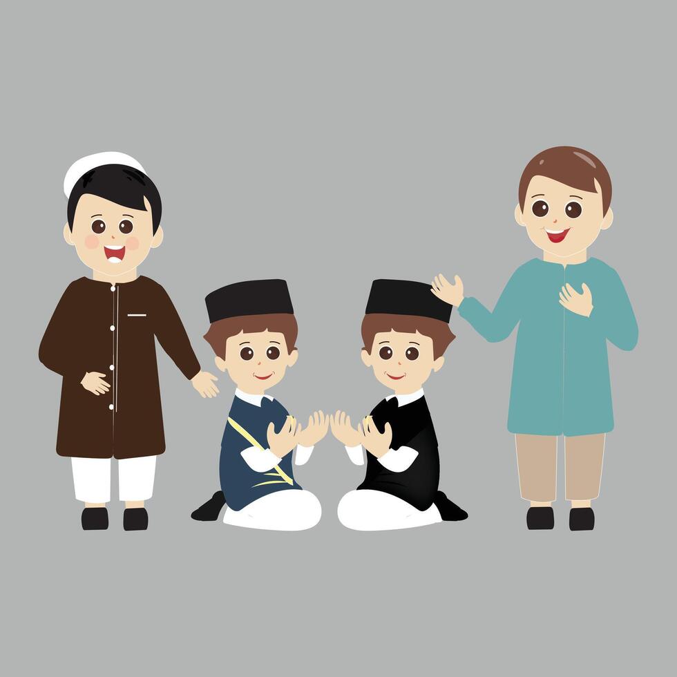reeks van moslim jongen tekenfilm karakter voor Ramadan. schattig tekenfilm moslim jongen. reeks van kind moslim mensen aan het doen activiteiten. vector illustratie.