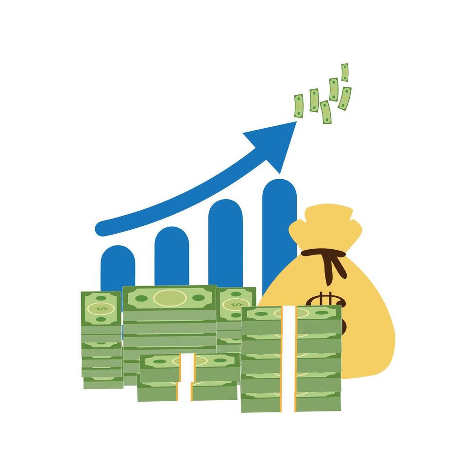 geld zak tabel toenemen, bedrijf diagram pijl omhoog groei investering. tabel financiën inkomen toenemen groeien. vector illustratie vlak ontwerp.