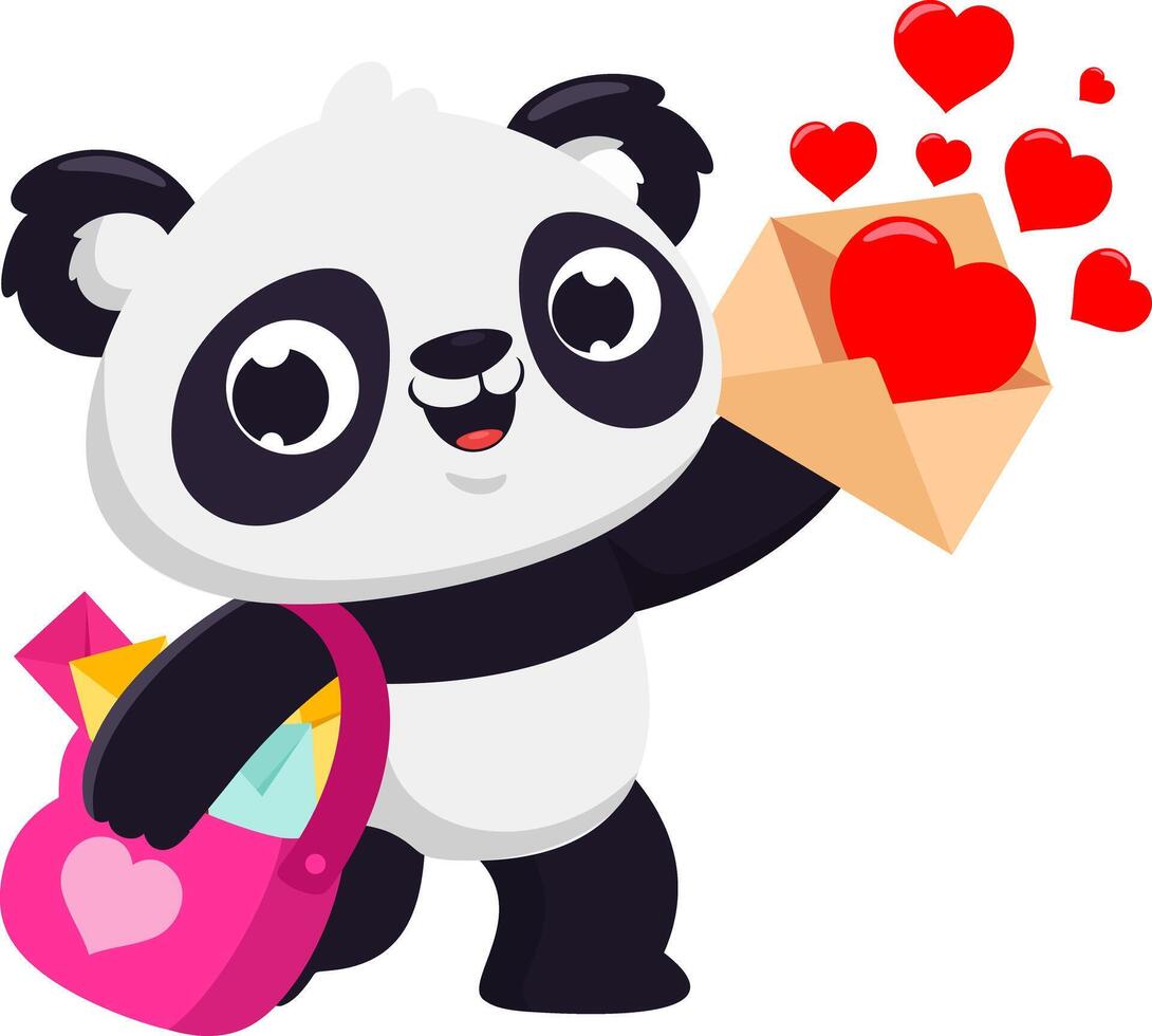 schattig Valentijn panda beer postbode tekenfilm karakter met liefde brieven. vector illustratie vlak ontwerp