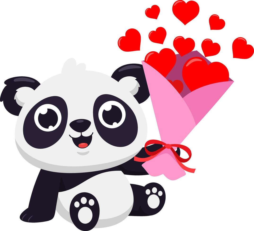 schattig Valentijn panda beer tekenfilm karakter Holding geschenk boeket met rood harten vector