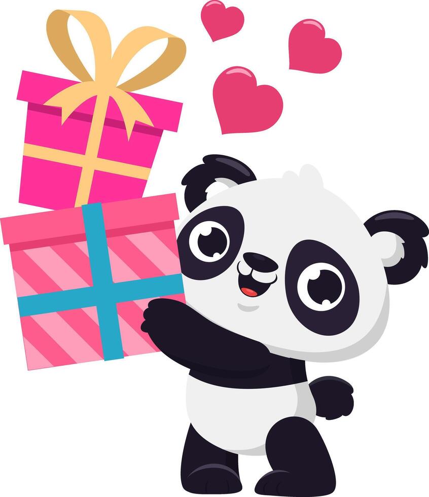 schattig Valentijn panda beer tekenfilm karakter Holding omhoog geschenk dozen met roze harten. vector illustratie vlak ontwerp