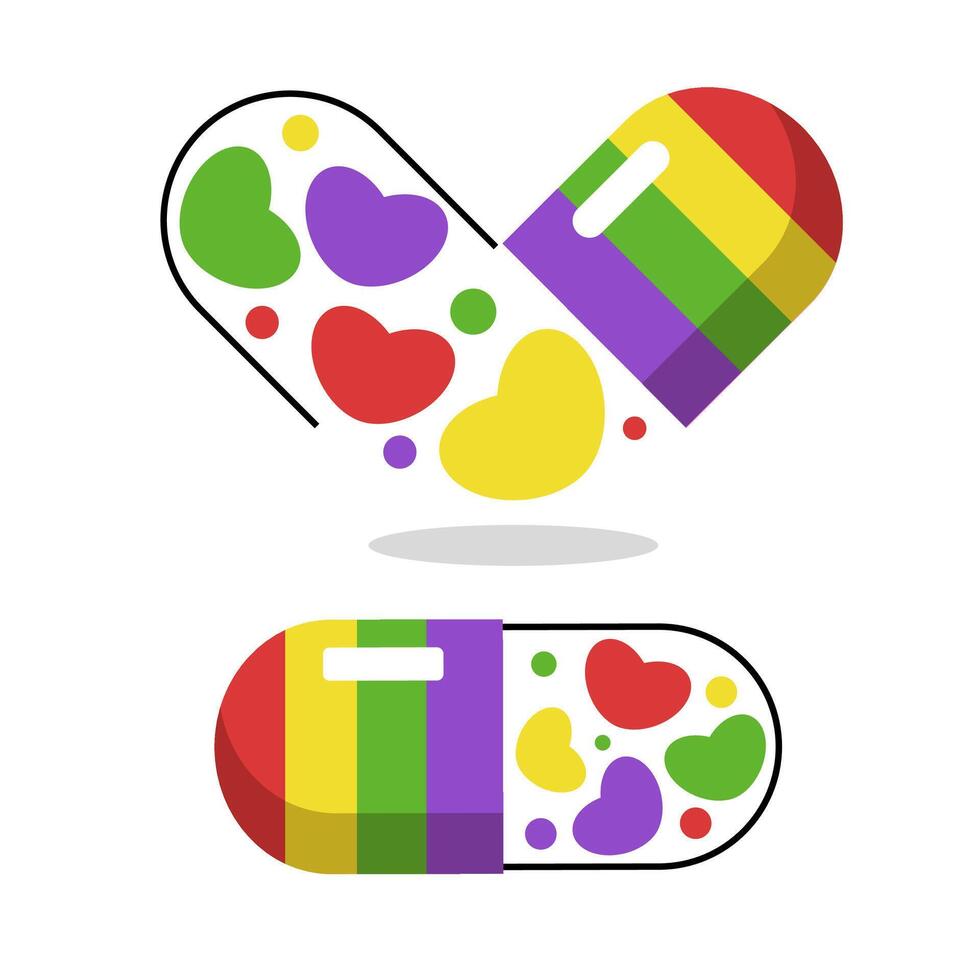 Valentijn sticker. regenboog kleur. modern vlak vector concept illustraties. capsule pil met harten icoon. sociaal media advertenties.