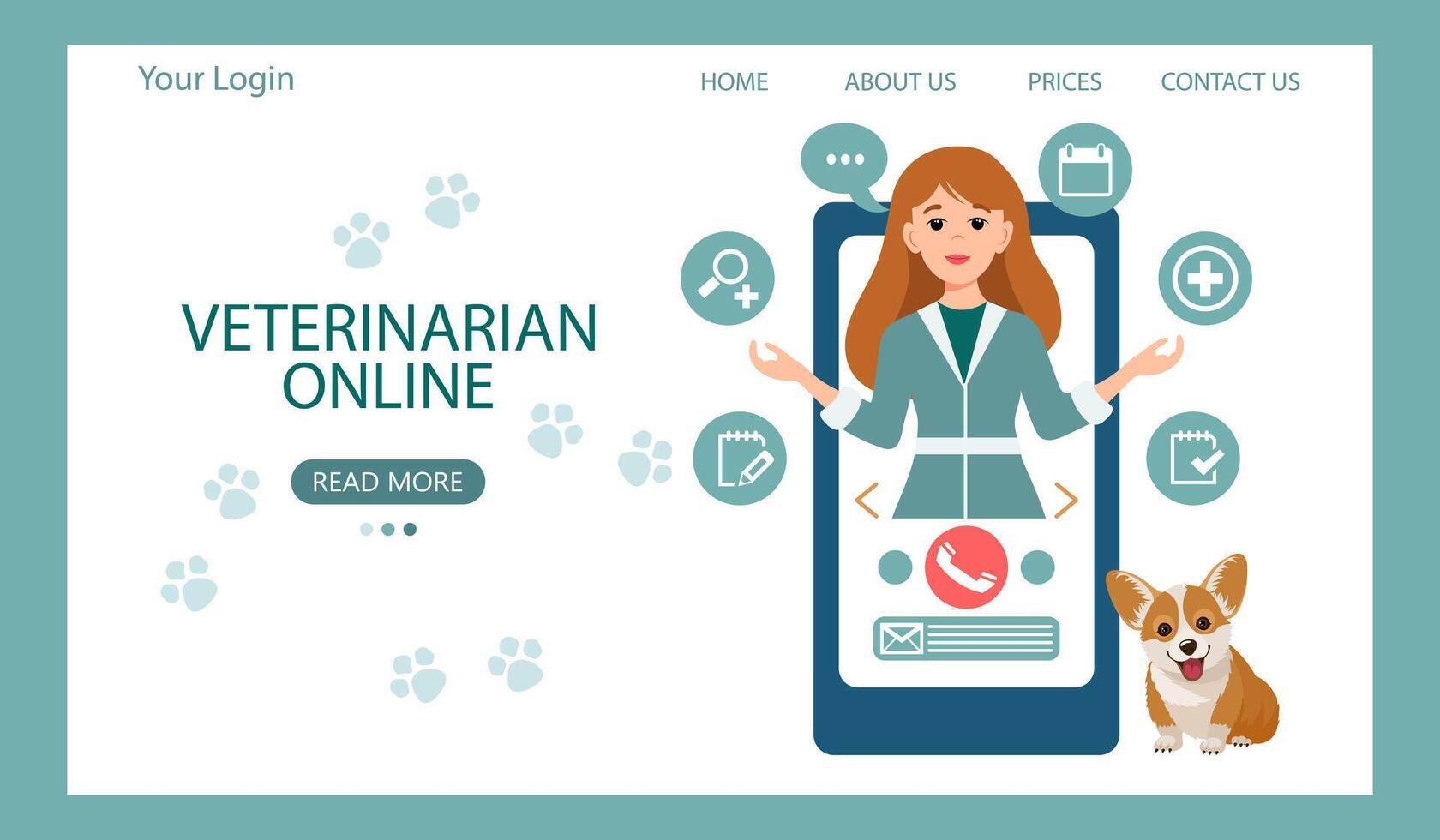 dierenarts online. vrouw dierenarts Aan de telefoon en schattig hond. dier Gezondheid banier of landen bladzijde sjabloon, vlak stijl vector illustratie