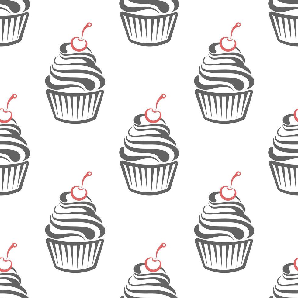 naadloos patroon, lineair silhouetten van cupcakes, lijn kunst Aan een wit achtergrond. zoet desserts. voedsel achtergrond, vector