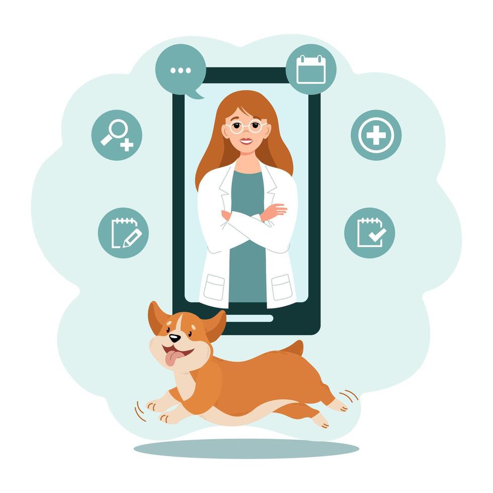 dierenarts online. vrouw dierenarts Aan de telefoon en schattig hond. dier Gezondheid banier of landen bladzijde sjabloon, vlak stijl vector illustratie