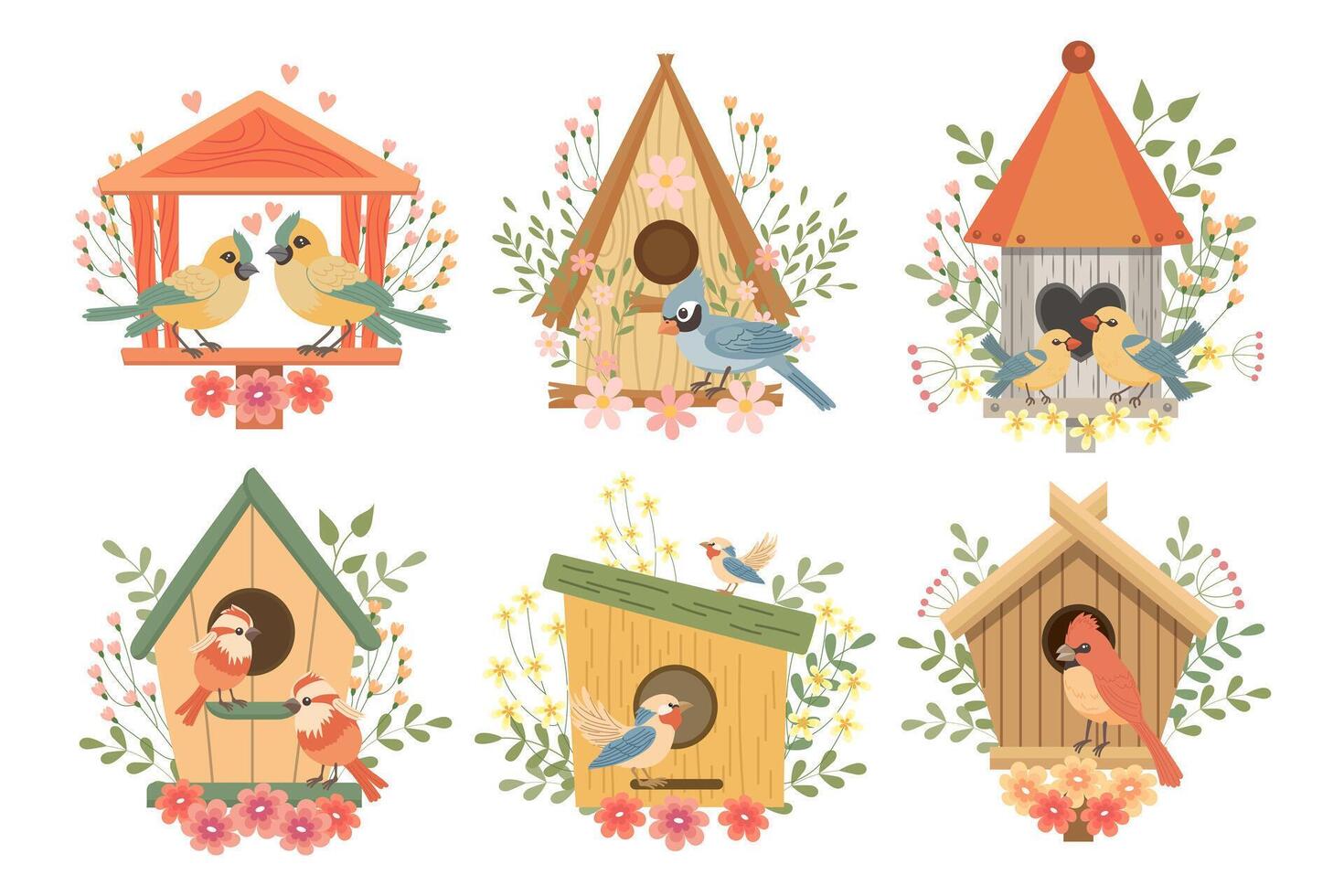 een reeks van vogelhuisjes met schattig vogels, versierd met bloemen en bladeren. voorjaar afbeeldingen in vlak tekenfilm stijl. voorjaar vakantie illustratie. vector