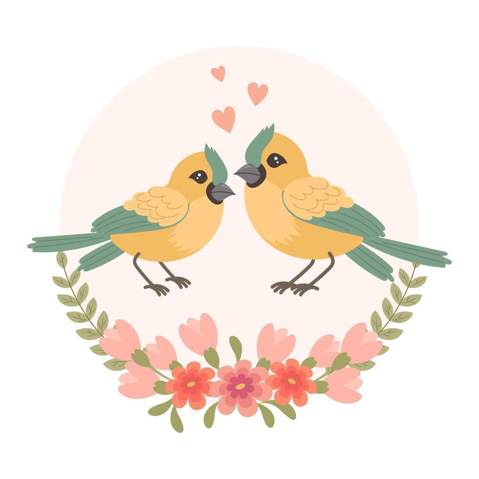 schattig tekenfilm liefde vogelstand in een bloem kader. ontwerp voor groet kaart, uitnodiging kaart voor bruiloft, verjaardag. vector