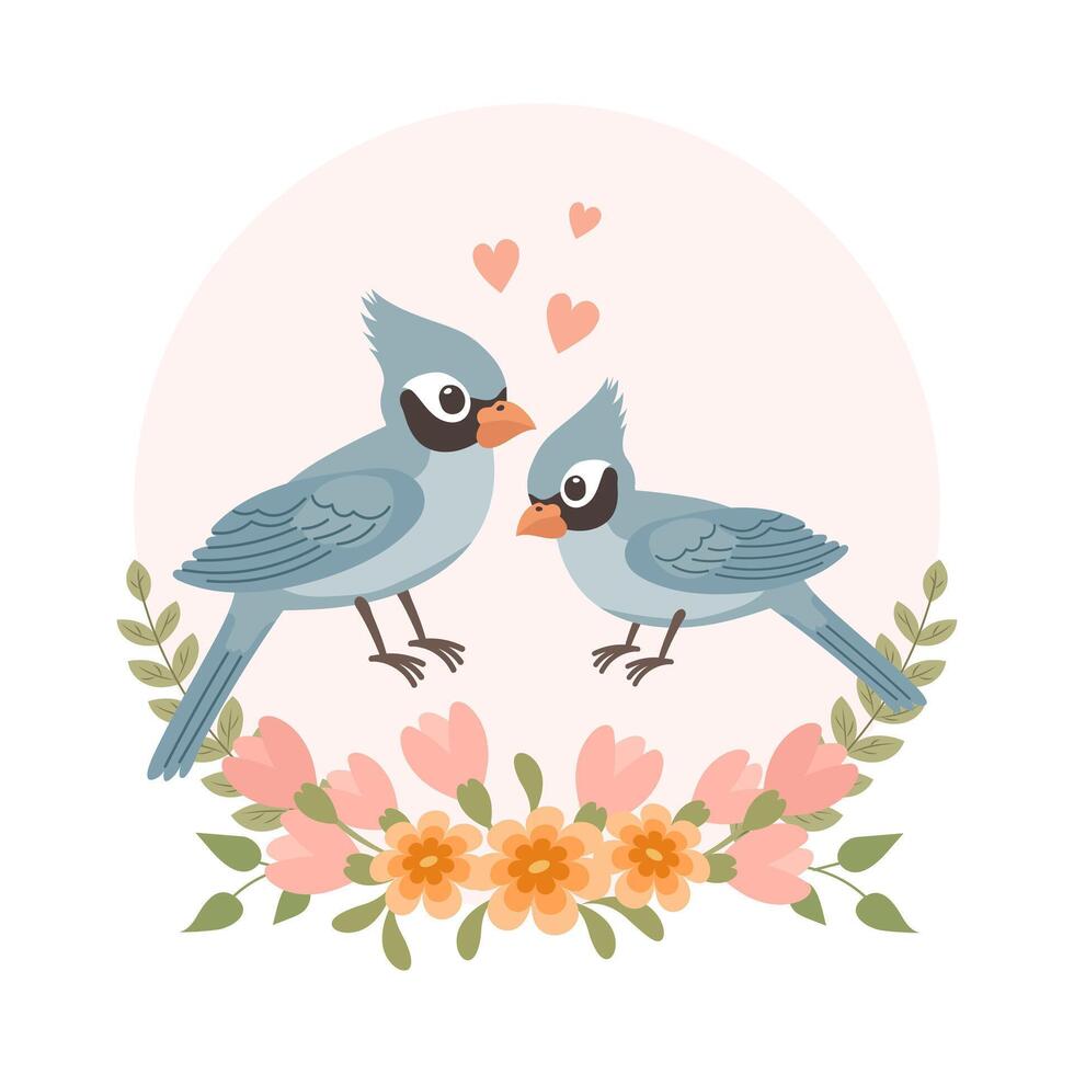 schattig tekenfilm liefde vogelstand in een bloem kader. ontwerp voor groet kaart, uitnodiging kaart voor bruiloft, verjaardag. vector