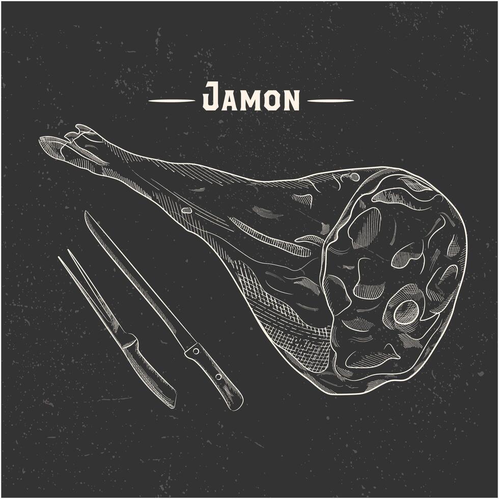 Spaans Jamon top visie kader. Spaans Jamon set, mes en vork. voedsel menu ontwerp sjabloon voedsel menu ontwerp sjabloon. wijnoogst hand- getrokken schetsen vector illustratie. gegraveerde afbeelding.